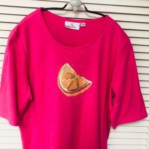 Quacker Factory Melon Sparkle T-shirt M Pink Embellished Rhinestones‎ QVC